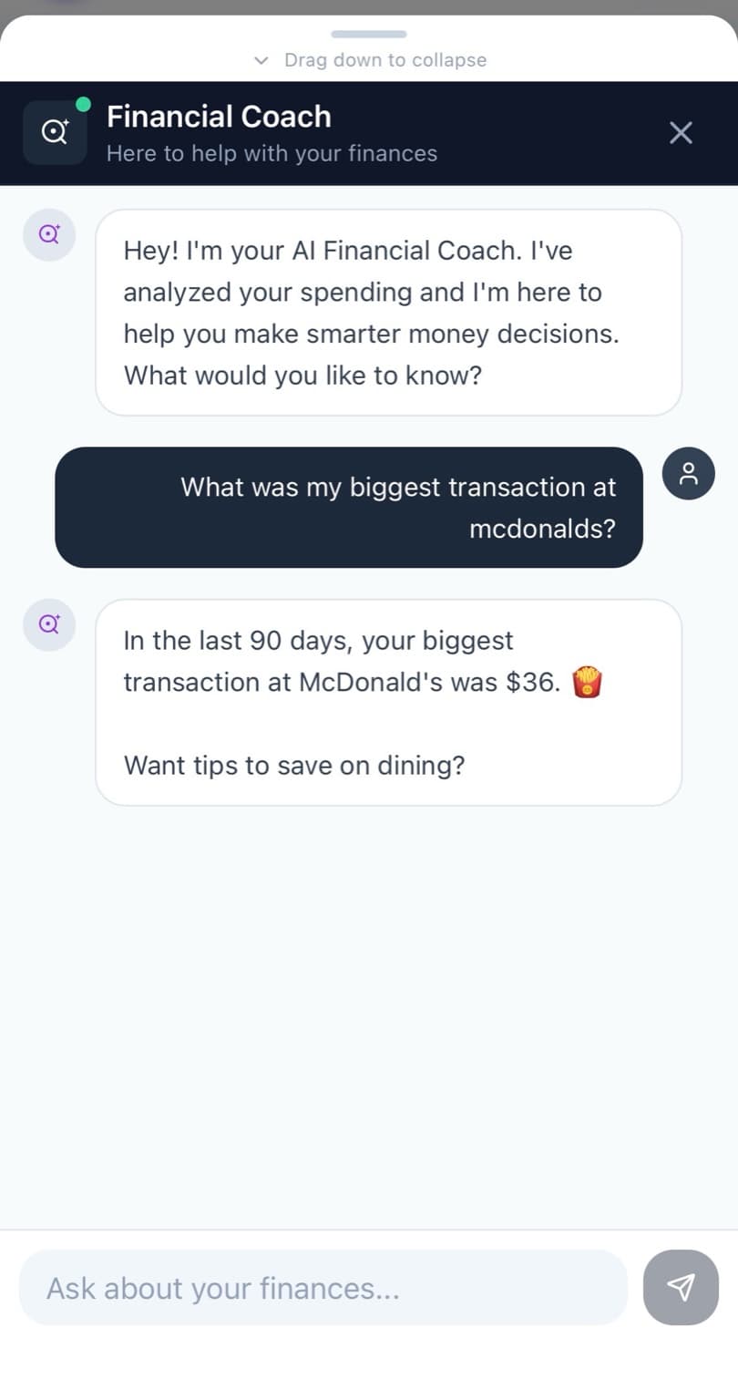 ClarifiQ AI coach explaining a transaction from connected spending data