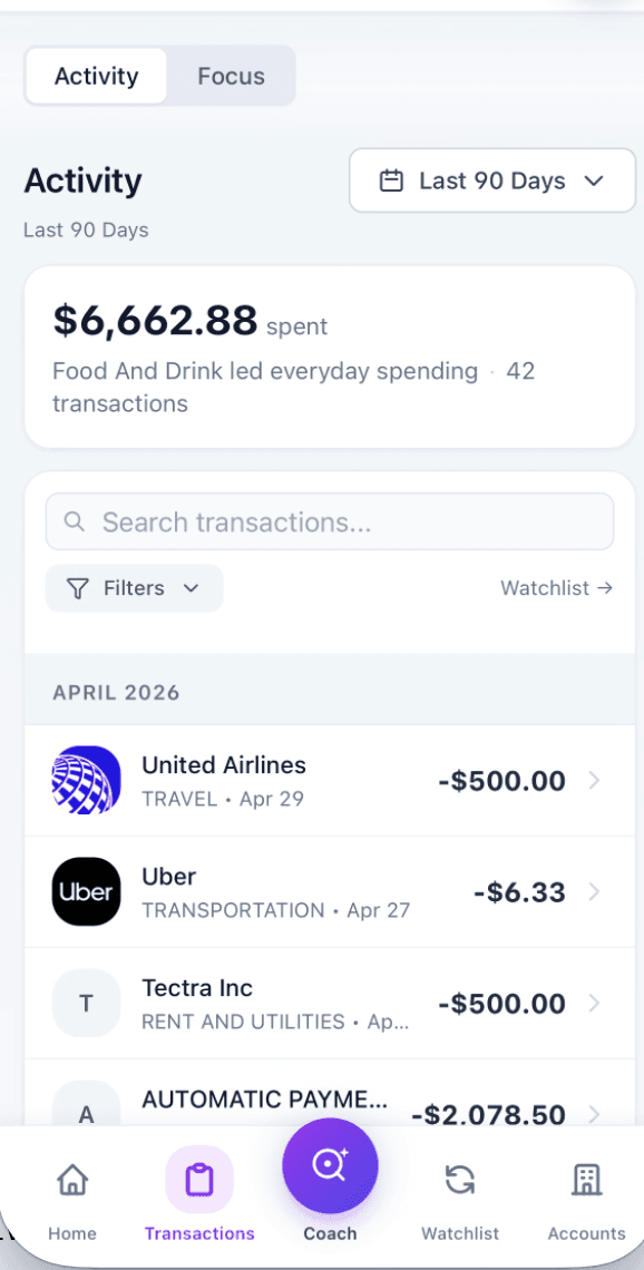 ClarifiQ activity view summarizing 90 days of transactions on iPhone